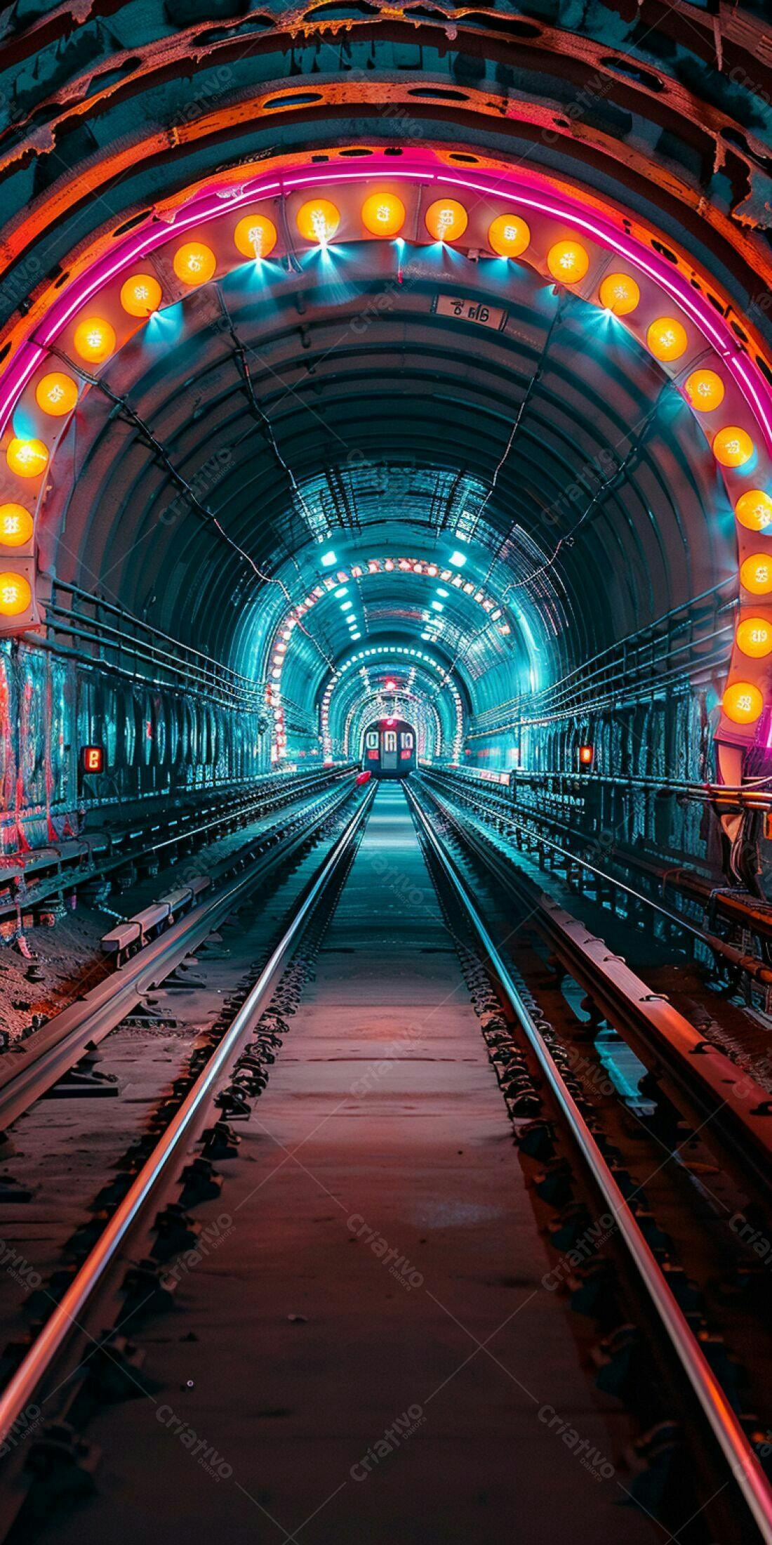 Trem em túnel neon azulado e rosa