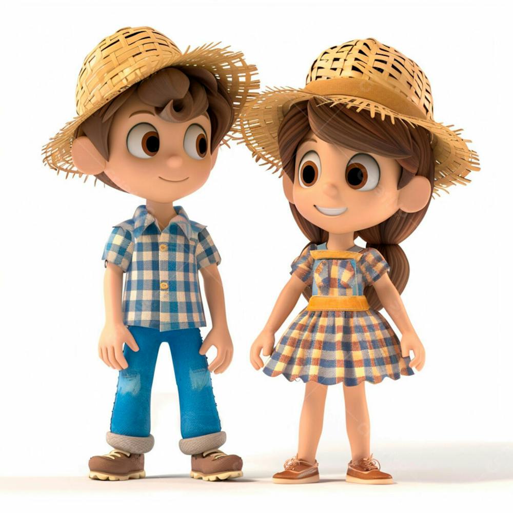 Casal Caipira Usando Chapéu De Palha 3D 1