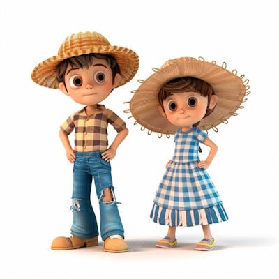 Casal Caipira Usando Chapéu De Palha 3D 12