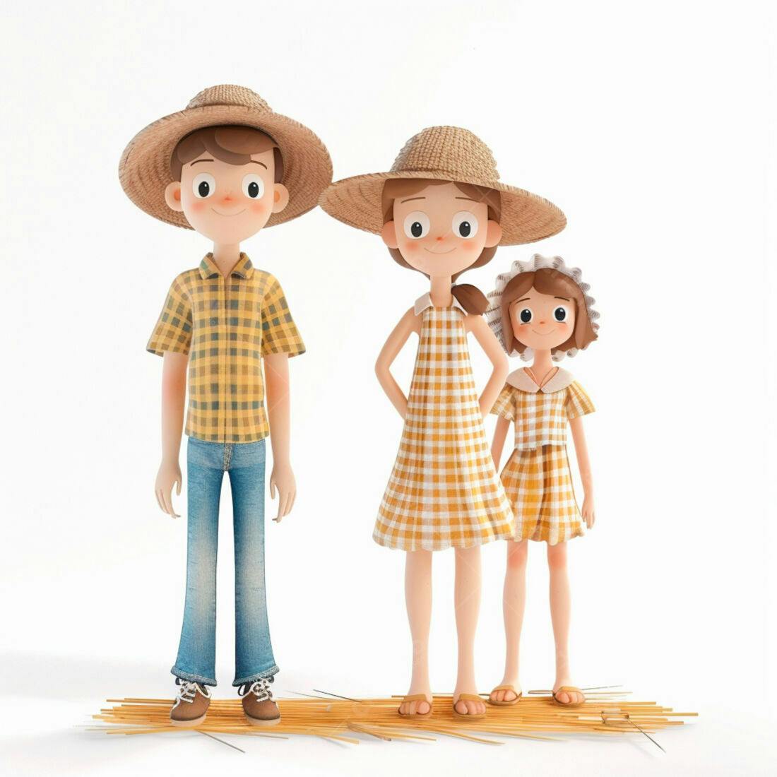Família feliz em trajes de colheita sobre palha