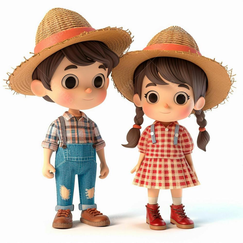 Casal Caipira Usando Chapéu De Palha 3D 15