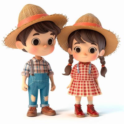 Casal Caipira Usando Chapéu De Palha 3D 15