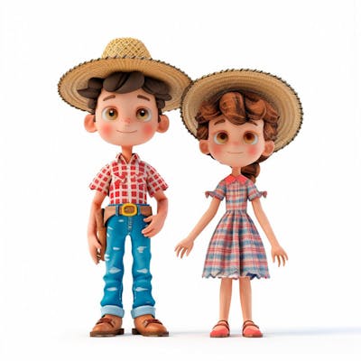 Casal Caipira Usando Chapéu De Palha 3D 16
