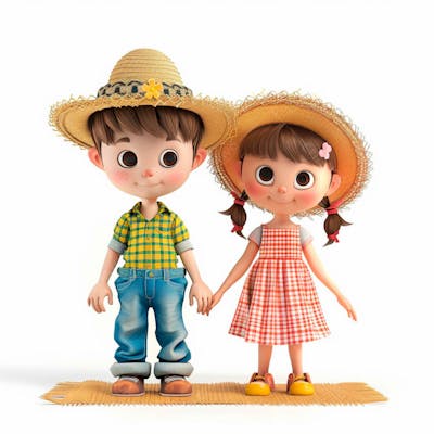 Casal Caipira Usando Chapéu De Palha 3D 17