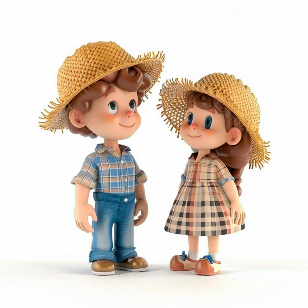 Casal Caipira Usando Chapéu De Palha 3D 18