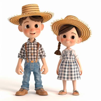 Casal Caipira Usando Chapéu De Palha 3D 19