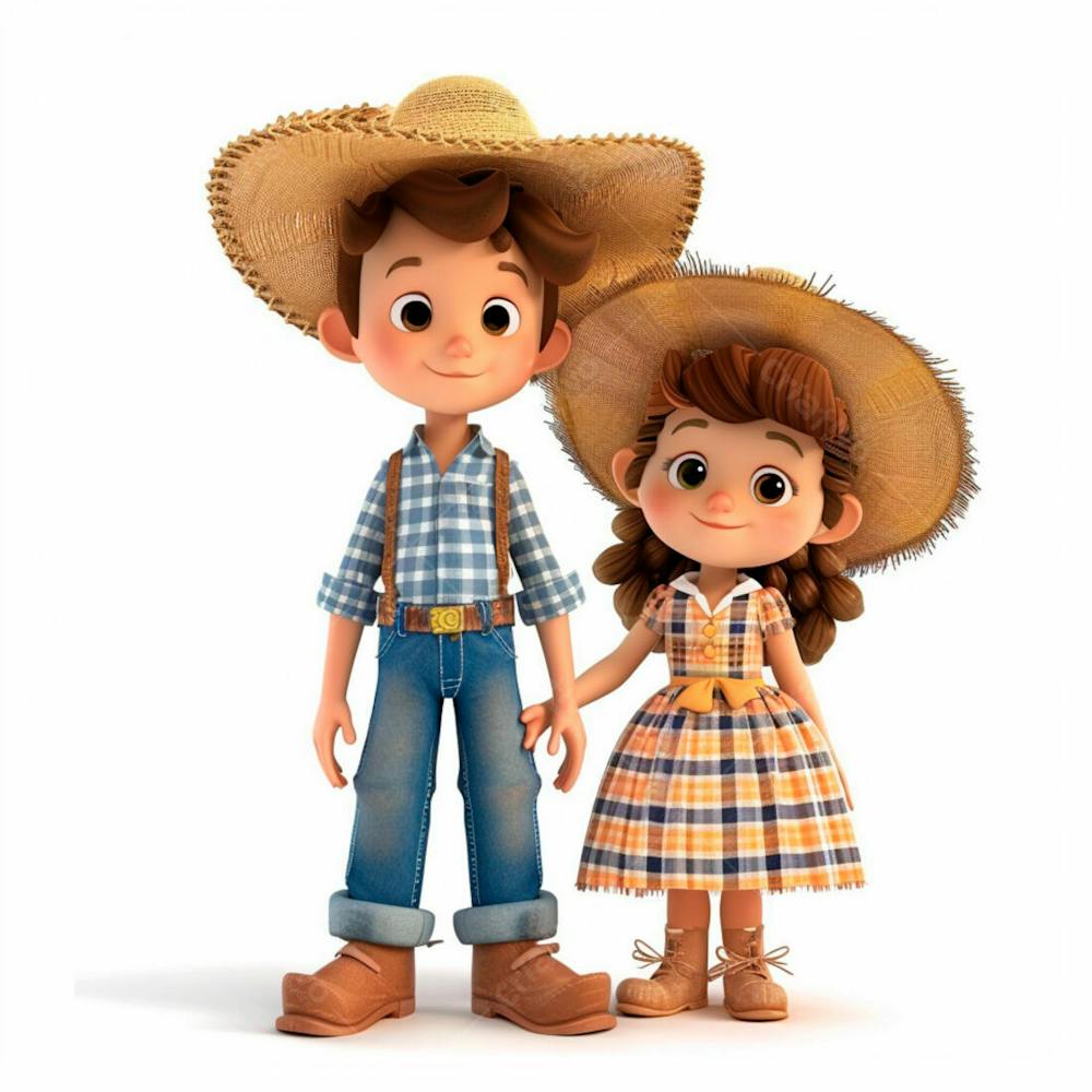 Casal Caipira Usando Chapéu De Palha 3D 20