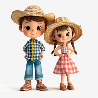 Casal Caipira Usando Chapéu De Palha 3D 21