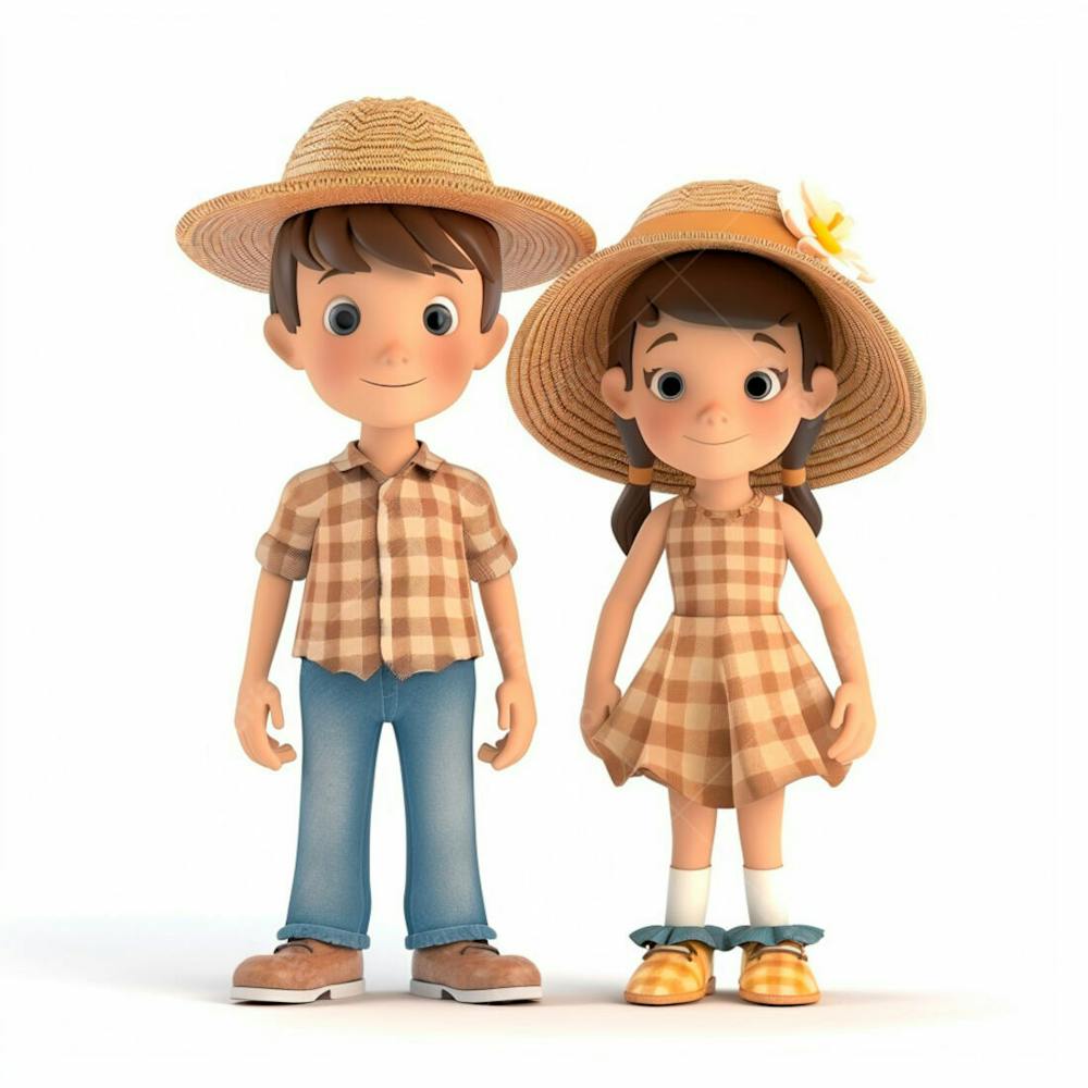 Casal Caipira Usando Chapéu De Palha 3D 23