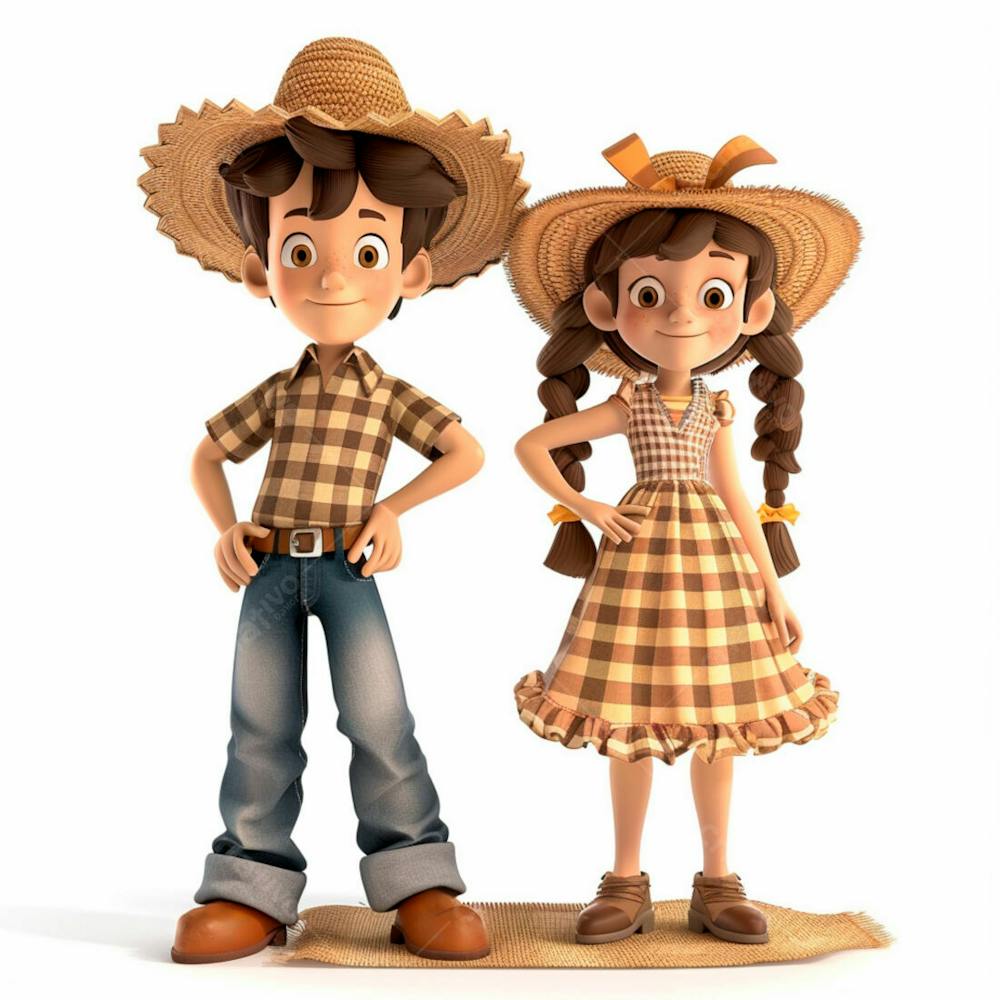 Casal Caipira Usando Chapéu De Palha 3D 27