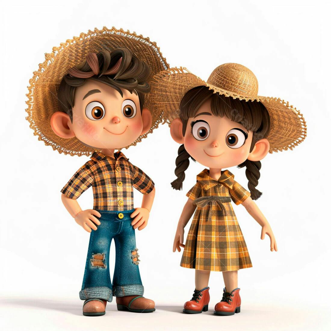 Crianças em trajes de fazenda sorrindo