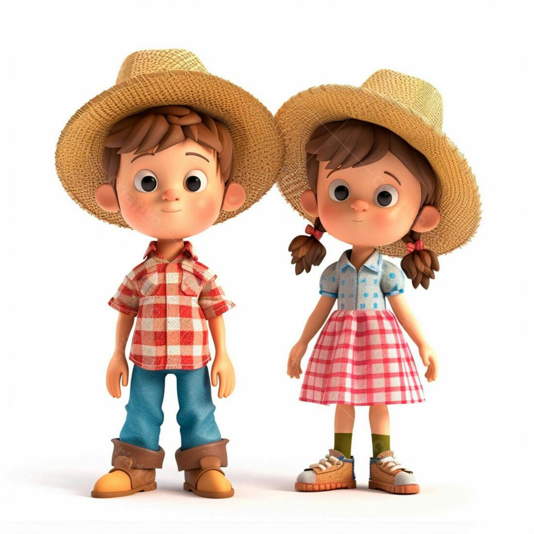 Duas crianças agricultores usando chapéu de palha