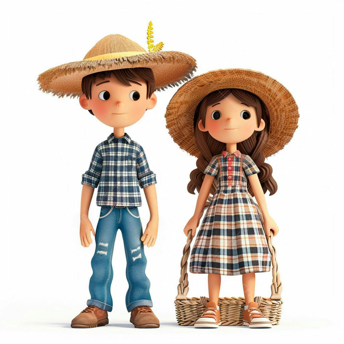 Crianças agricultores com cesta de palha
