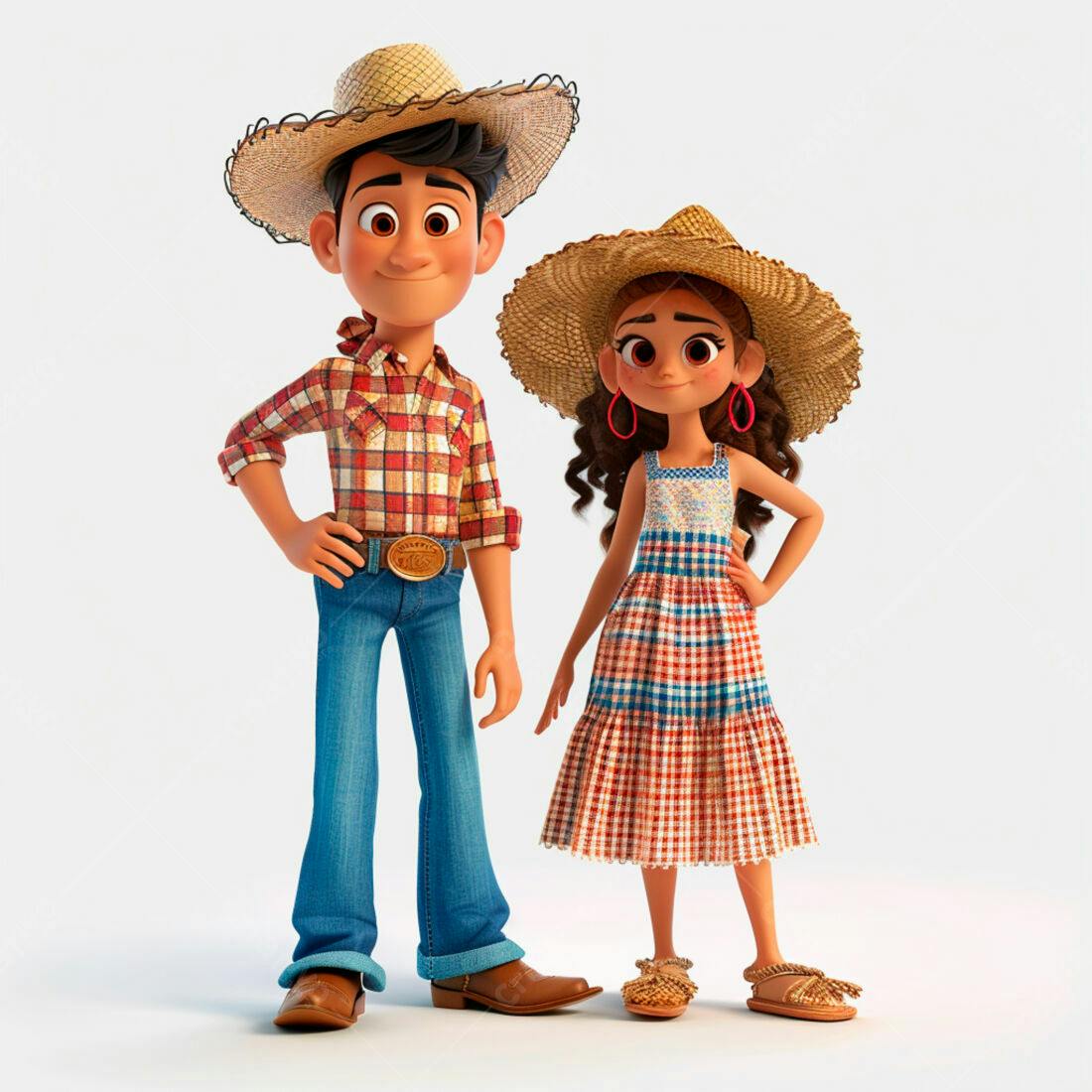 Casal de desenho animado em trajes de fazenda