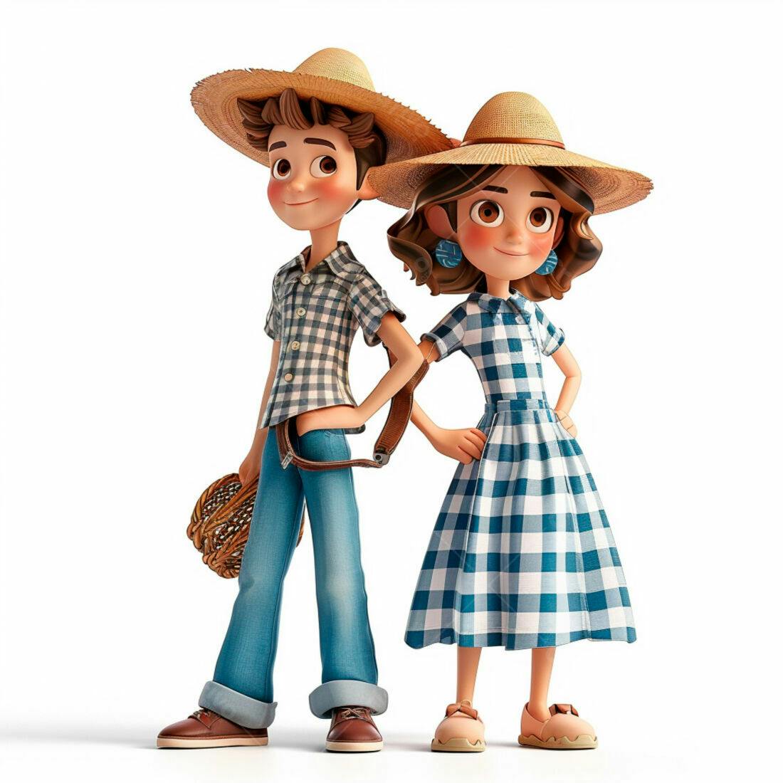 Casal de desenho animado em trajes de fazendeiro