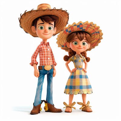 Casal Caipira Usando Chapéu De Palha 3D 131
