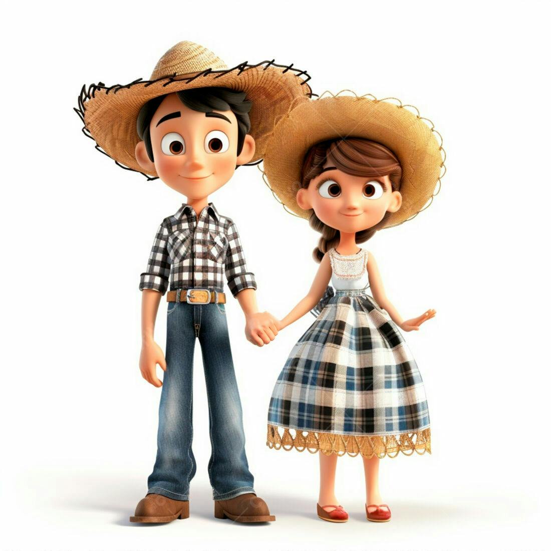 Casal de desenho animado em trajes típicos juninos