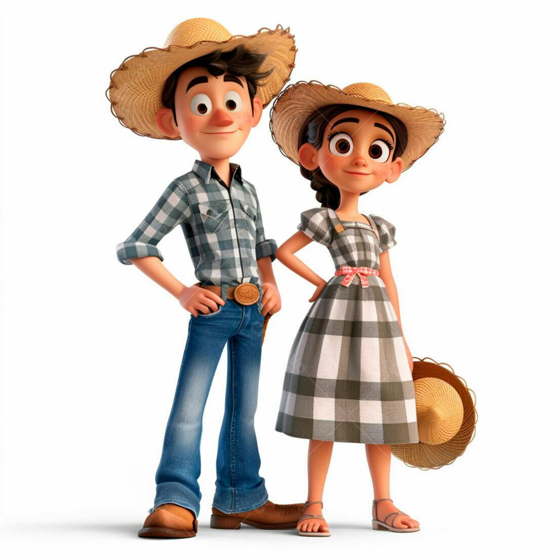 Casal de desenho animado em trajes de fazendeiro