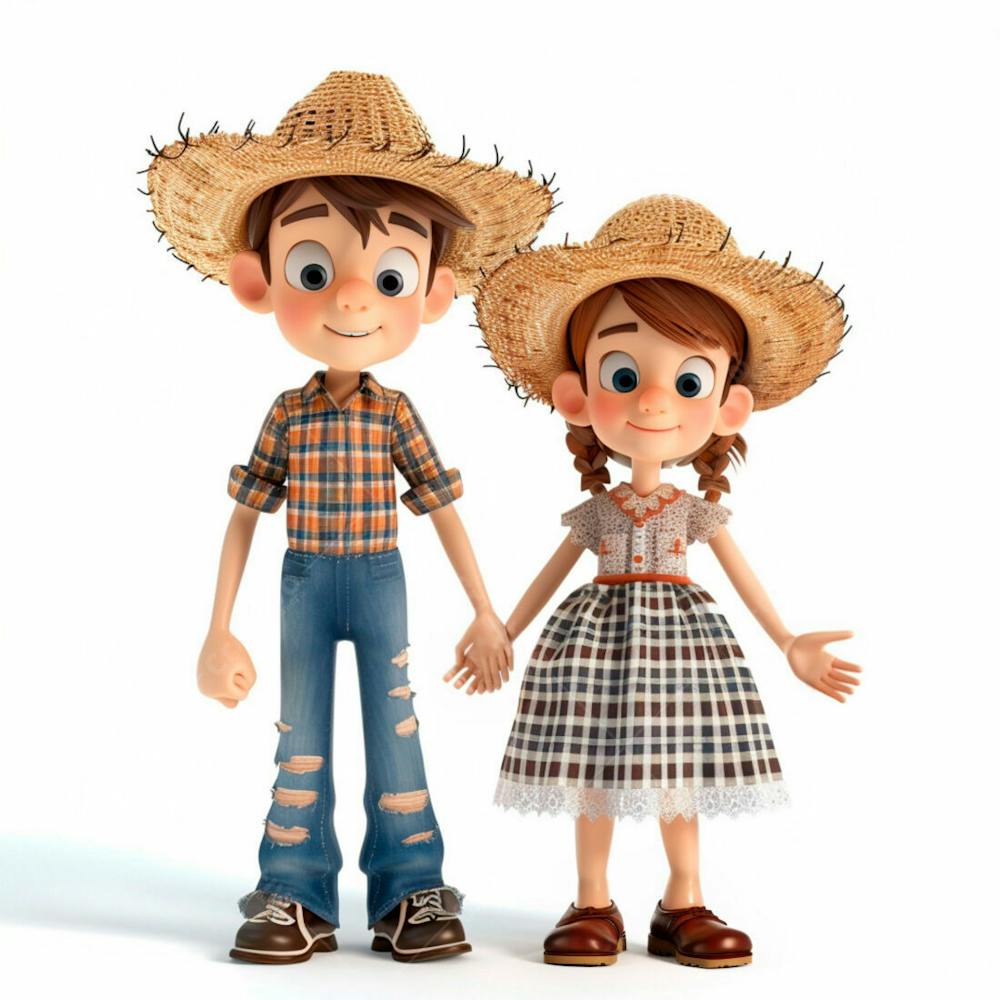 Casal Caipira Usando Chapéu De Palha 3D 137
