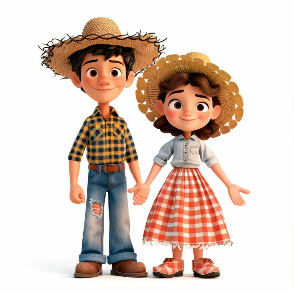 Casal Caipira Usando Chapéu De Palha 3D 142