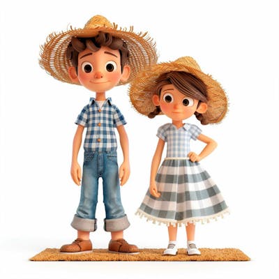 Casal Caipira Usando Chapéu De Palha 3D 146