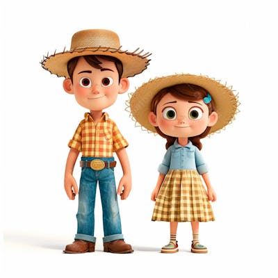 Casal Caipira Usando Chapéu De Palha 3D 147