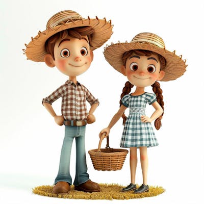 Casal Caipira Usando Chapéu De Palha 3D 150