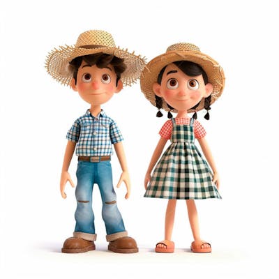 Casal Caipira Usando Chapéu De Palha 3D 151