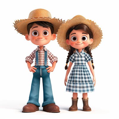 Casal Caipira Usando Chapéu De Palha 3D 152