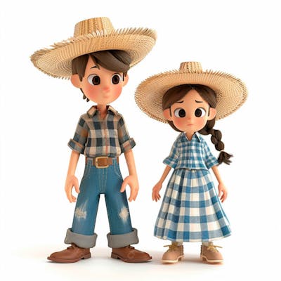 Casal Caipira Usando Chapéu De Palha 3D 153