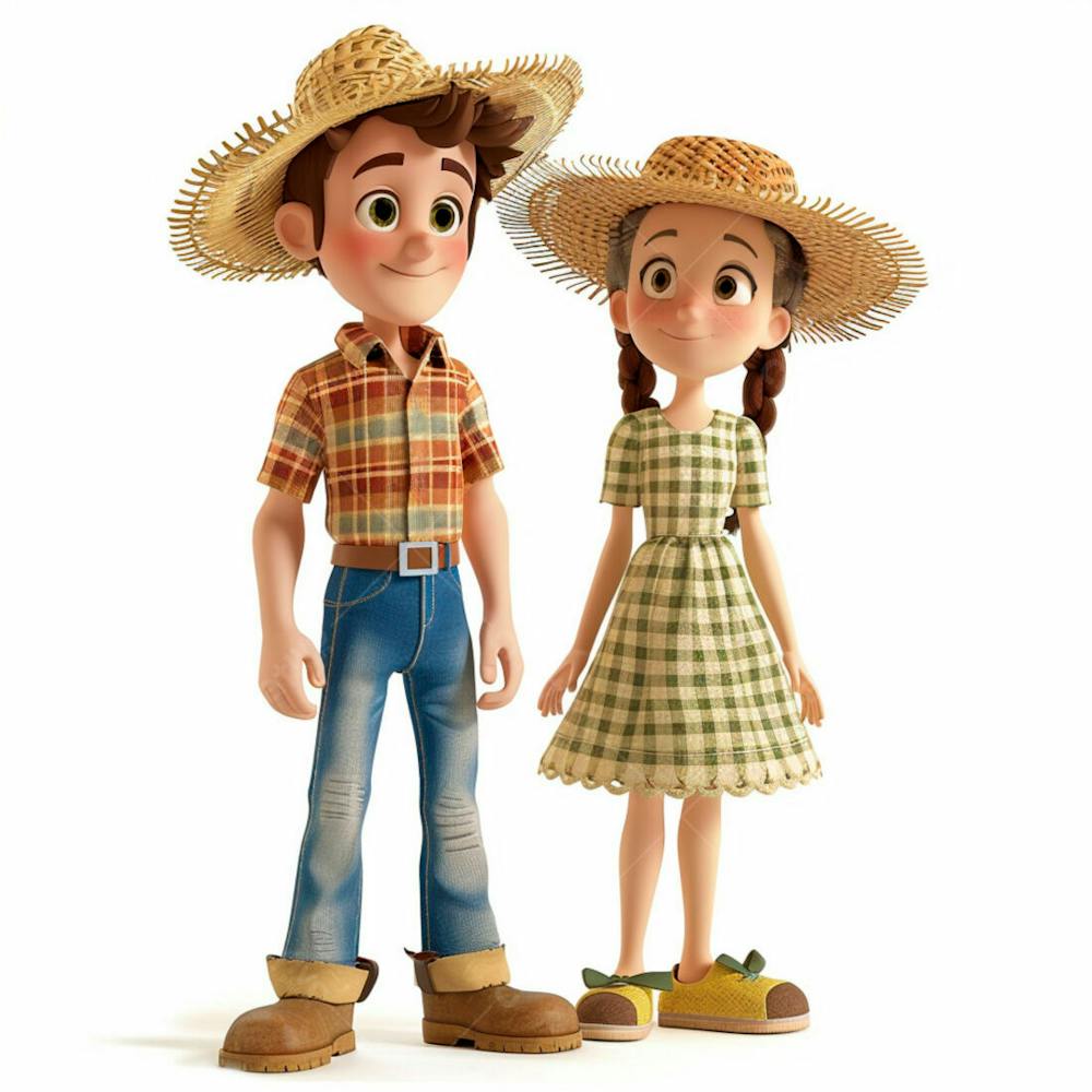 Casal Caipira Usando Chapéu De Palha 3D 154