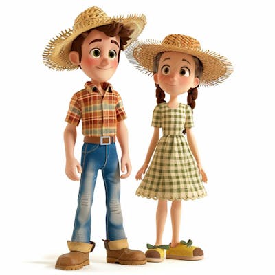 Casal Caipira Usando Chapéu De Palha 3D 154
