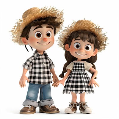 Casal Caipira Usando Chapéu De Palha 3D 156