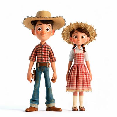 Casal Caipira Usando Chapéu De Palha 3D 157