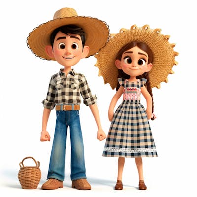 Casal Caipira Usando Chapéu De Palha 3D 158