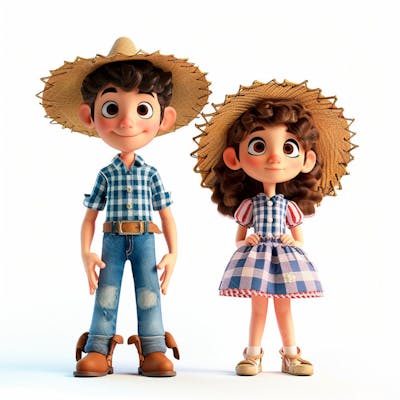 Casal Caipira Usando Chapéu De Palha 3D 159