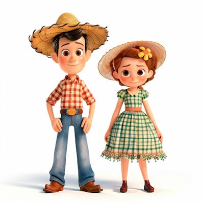 Casal Caipira Usando Chapéu De Palha 3D 160