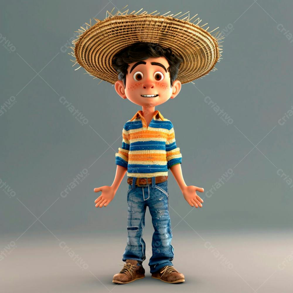 Garotinho Usando Camiseta Listrada E Chapeu De Palha 3D 1