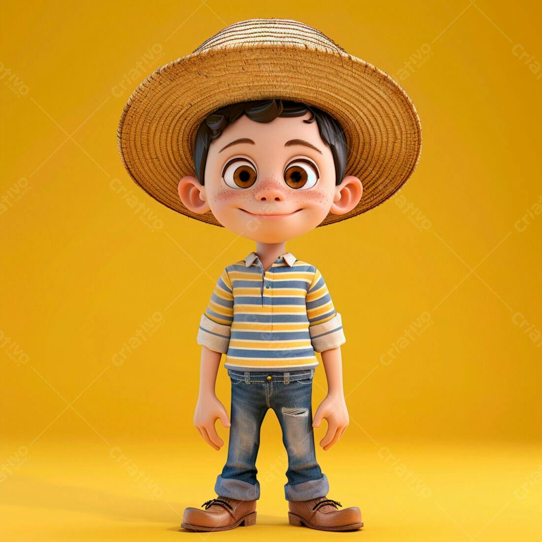 Menino sorridente com chapéu de palha fundo amarelo