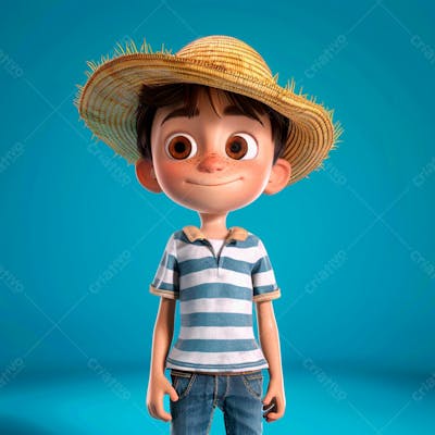 Garotinho Usando Camiseta Listrada E Chapeu De Palha 3D 6