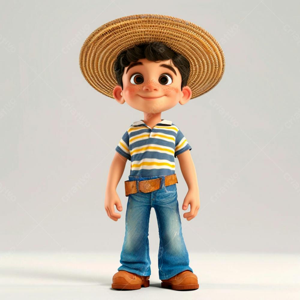 Garotinho Usando Camiseta Listrada E Chapeu De Palha 3D 5