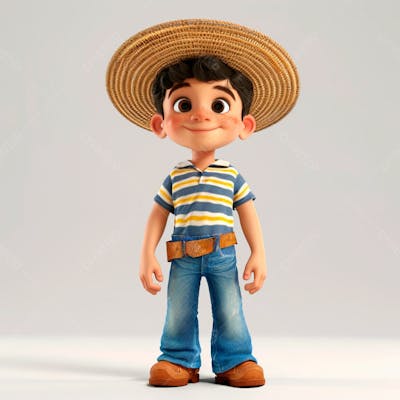 Garotinho Usando Camiseta Listrada E Chapeu De Palha 3D 5