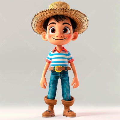 Garotinho Usando Camiseta Listrada E Chapeu De Palha 3D 7
