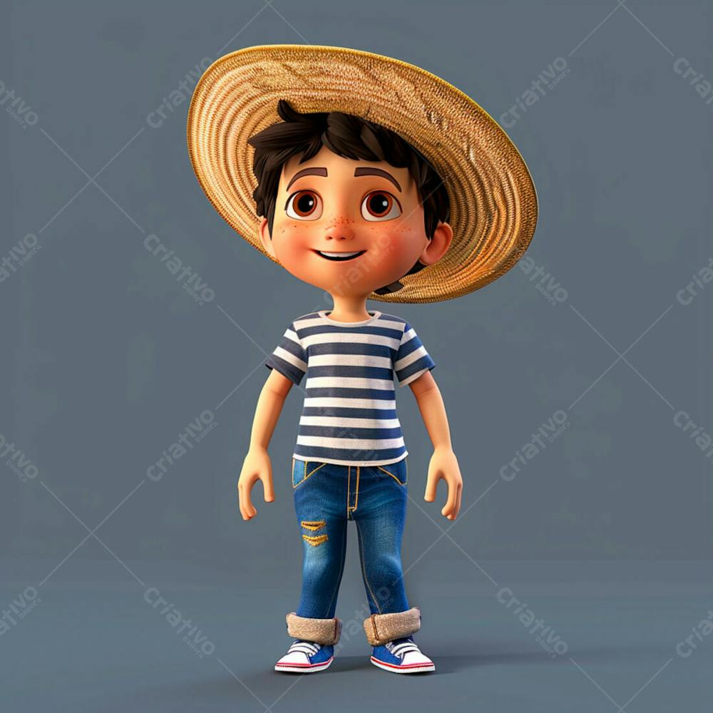 Garotinho Usando Camiseta Listrada E Chapeu De Palha 3D 8