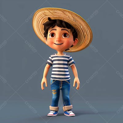 Garotinho Usando Camiseta Listrada E Chapeu De Palha 3D 8