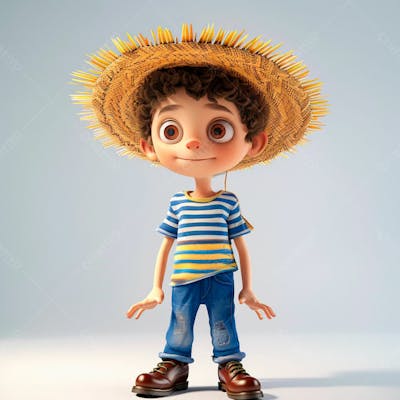 Garotinho Usando Camiseta Listrada E Chapeu De Palha 3D 9