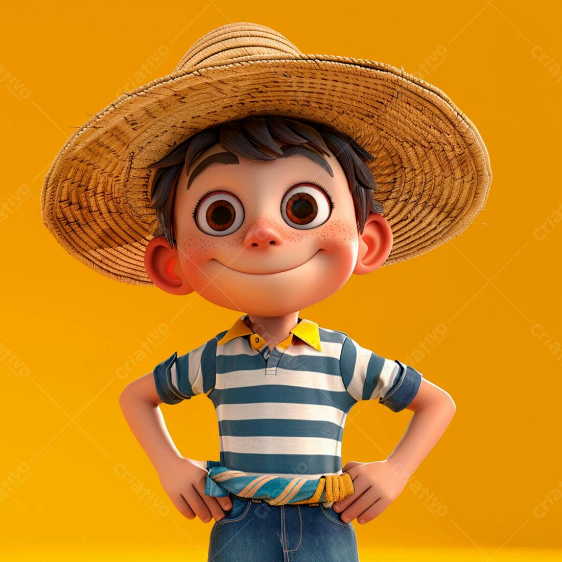 Menino sorridente chapéu palha fundo amarelo