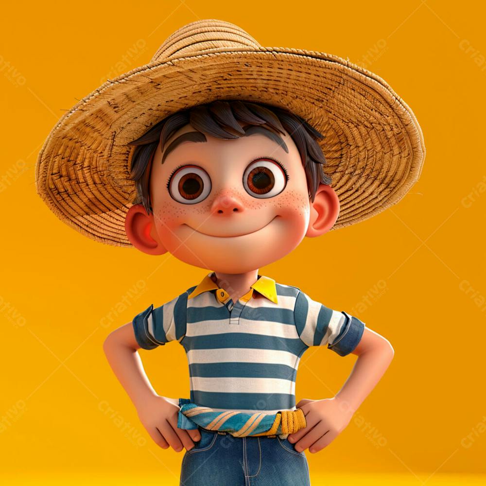 Garotinho Usando Camiseta Listrada E Chapeu De Palha 3D 10