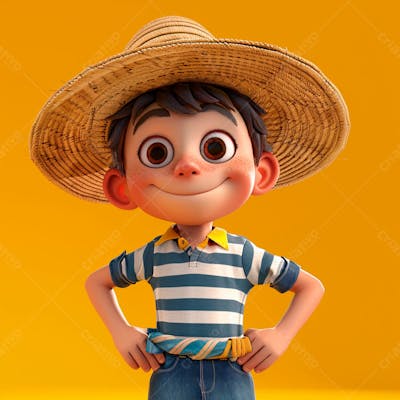 Garotinho Usando Camiseta Listrada E Chapeu De Palha 3D 10