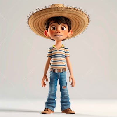 Garotinho Usando Camiseta Listrada E Chapeu De Palha 3D 11